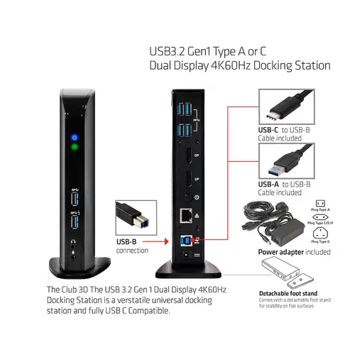 CLUB3D USB3.2 Gen1 Type A or C Dual Display 4K60Hz Docking Station DisplayLink® Ce