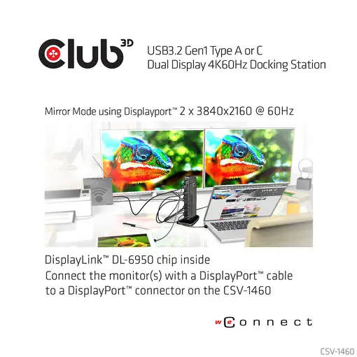 CLUB3D USB3.2 Gen1 Type A or C Dual Display 4K60Hz Docking Station DisplayLink® Ce