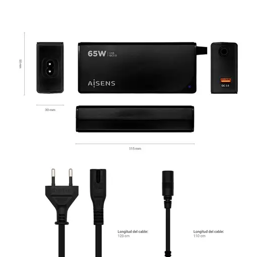 AISENS Cargador 65 W Automatico Universal Multitension Para Portatil Con 9 Conecto