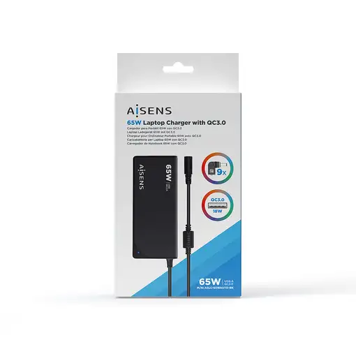 AISENS Cargador 65 W Automatico Universal Multitension Para Portatil Con 9 Conecto
