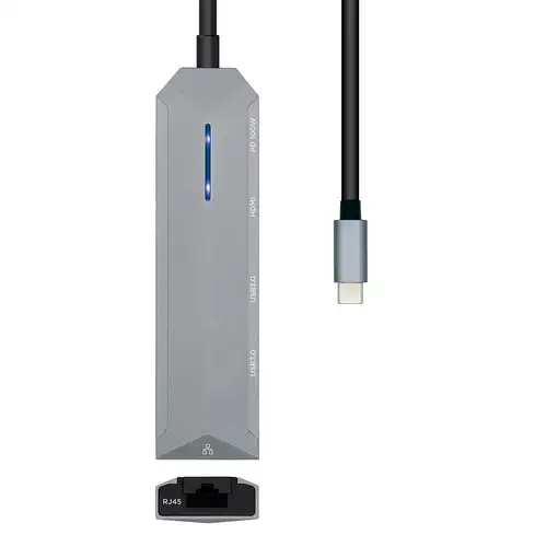 AISENS USB-C dock 5 en 1, USB-C a 1xHDMI, 1xRJ45, 2xUSB, 1xPD, Gris, 15 cm
