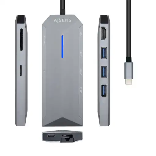 AISENS USB-C dock 8 en 1, USB-C a 1xHDMI, 1xRJ45, 3xUSB, 1xPD, 1xSD, 1xMicroSD, Gr