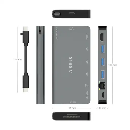 AISENS USB-C Dock 8 en 1, USB-C a 1xHDMI, 1xRJ45, 3xUSB-A, 1xUSB-C Datos+PD, 1xSD,