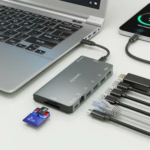 AISENS USB-C Dock 8 en 1, USB-C a 1xHDMI, 1xRJ45, 3xUSB-A, 1xUSB-C Datos+PD, 1xSD,
