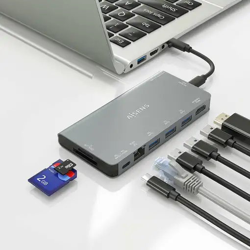 AISENS USB-C Dock 8 en 1, USB-C a 1xHDMI, 1xRJ45, 3xUSB-A, 1xUSB-C Datos+PD, 1xSD,
