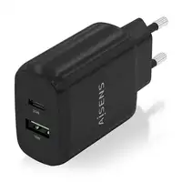 AISENS Cargador 25W, 1xUSB-C PD3.0, 1xUSB-A QC3.0, Negro