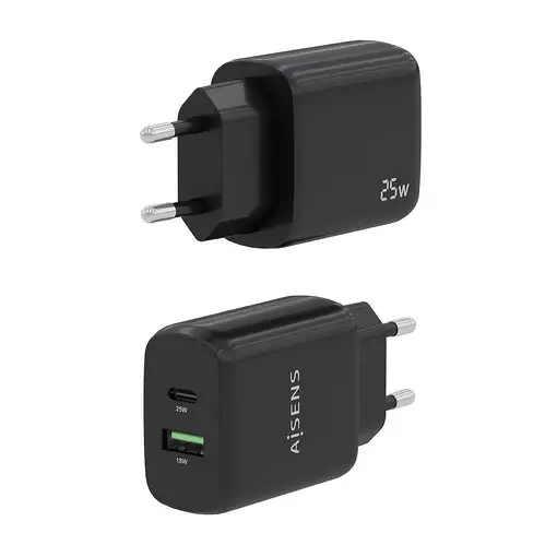 AISENS Cargador 25W, 1xUSB-C PD3.0, 1xUSB-A QC3.0, Negro