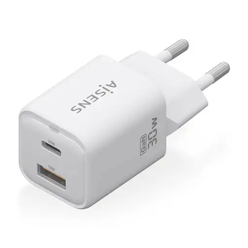AISENS Cargador Gan 30W, 1xUSB-C PD3.0 QC4.0, 1xUSB-A QC3.0, Blanco