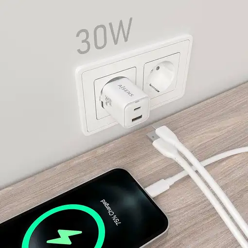 AISENS Cargador Gan 30W, 1xUSB-C PD3.0 QC4.0, 1xUSB-A QC3.0, Blanco