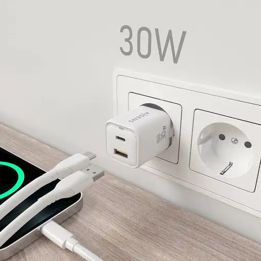 AISENS Cargador Gan 30W, 1xUSB-C PD3.0 QC4.0, 1xUSB-A QC3.0, Blanco