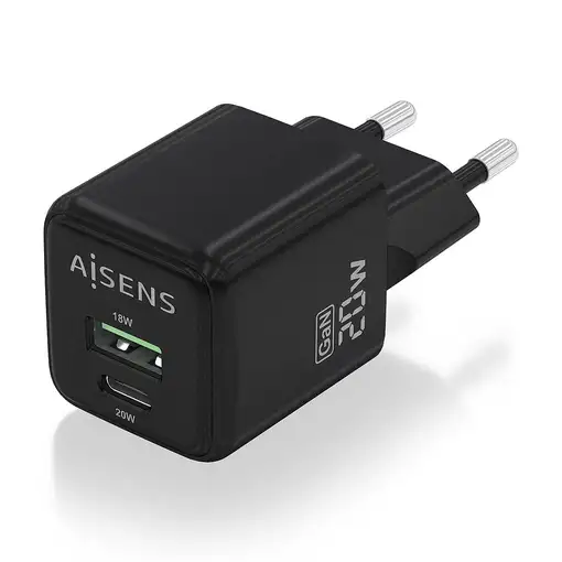 AISENS Cargador GaN 20W, 1xUSB-C PD3.0 QC4.0, 1xUSB-A QC3.0, Negro