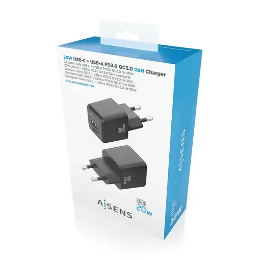 AISENS Cargador GaN 20W, 1xUSB-C PD3.0 QC4.0, 1xUSB-A QC3.0, Negro