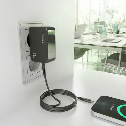 AISENS Cargador GaN 65W PD3.0 1xUSB-C 1.8m, Negro