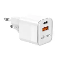 AISENS Cargador Gan 30W, 1xUSB-C PD3.0 QC4.0, 1xUSB-A QC3.0, Blanco