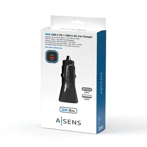 AISENS Cargador de Coche 38W,1XUSB-C PD3.0 20W,1XUSB-A QC3.0 18W, Negro