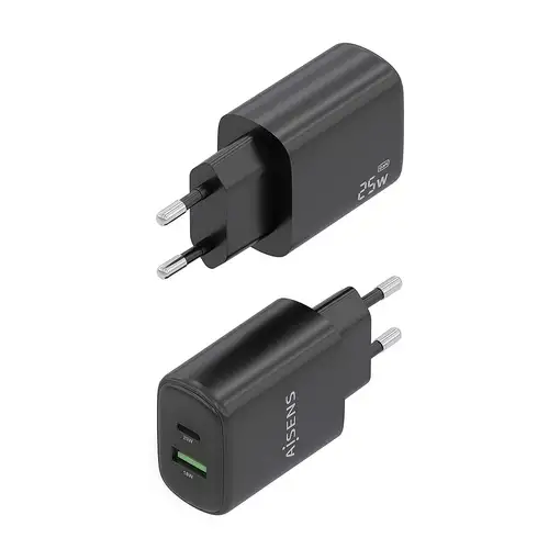 AISENS Cargador GaN 25W, 1xUSB-C PD3.0, 1xUSB-A QC3.0, Negro