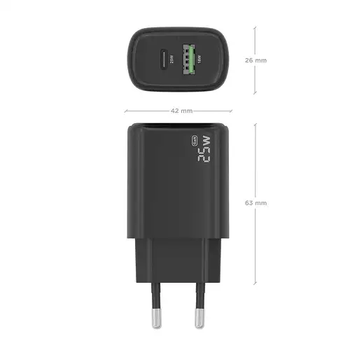 AISENS Cargador GaN 25W, 1xUSB-C PD3.0, 1xUSB-A QC3.0, Negro