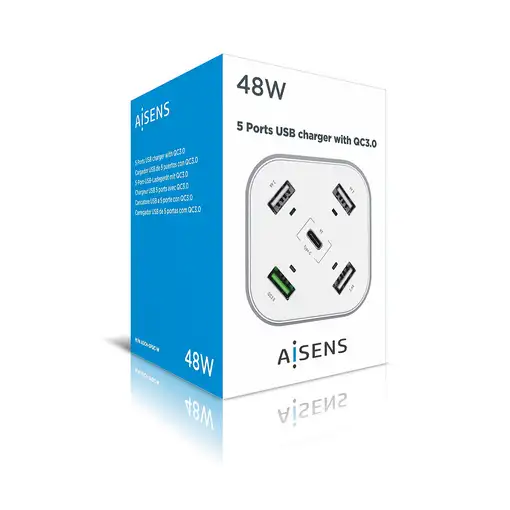AISENS Cargador 48W 5 Puertos 3x USB-A 1x USB-C 1x USB QC3.0, Blanco