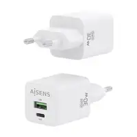AISENS Cargador Gan 30W, 1xUSB-C PD3.0 QC4.0, 1xUSB-A QC3.0, Blanco