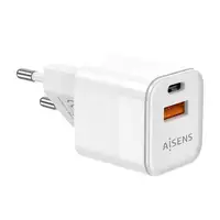 AISENS Cargador Gan 20W, 1xUSB-C PD3.0 QC4.0, 1xUSB-A QC3.0, Blanco