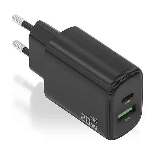 AISENS Cargador GaN 20W, 1xUSB-C PD3.0, 1xUSB-A QC3.0, Negro