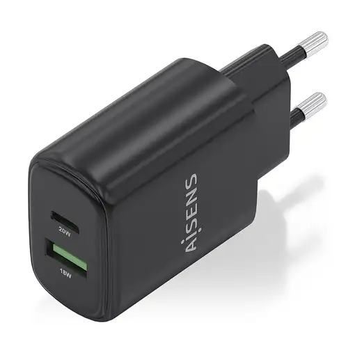 AISENS Cargador GaN 20W, 1xUSB-C PD3.0, 1xUSB-A QC3.0, Negro