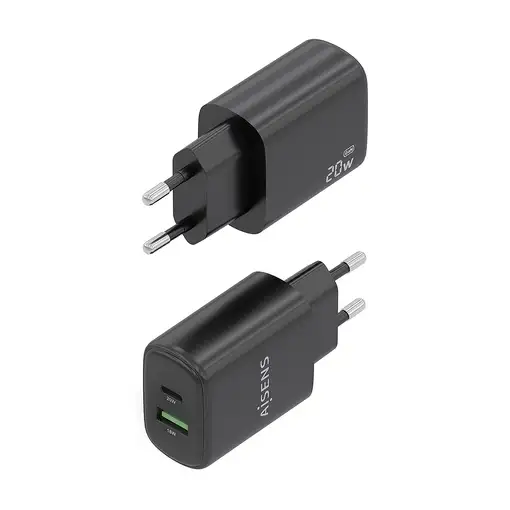 AISENS Cargador GaN 20W, 1xUSB-C PD3.0, 1xUSB-A QC3.0, Negro