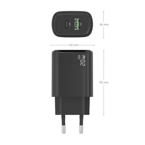 AISENS Cargador GaN 20W, 1xUSB-C PD3.0, 1xUSB-A QC3.0, Negro