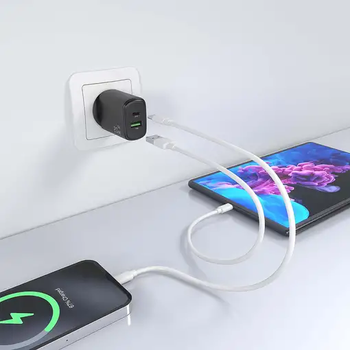 AISENS Cargador GaN 20W, 1xUSB-C PD3.0, 1xUSB-A QC3.0, Negro