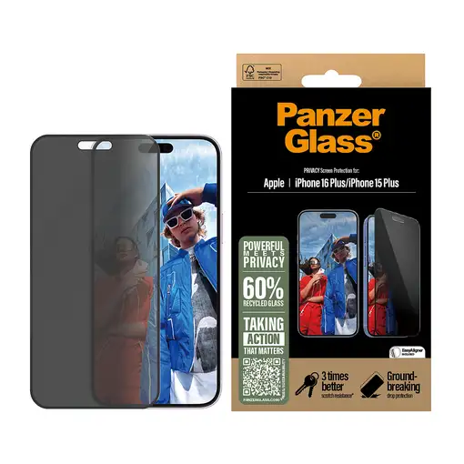 PanzerGlass ® Privacy Screen Protector iPhone 16 Plus | 15 Plus | Ultra-Wide Fit P