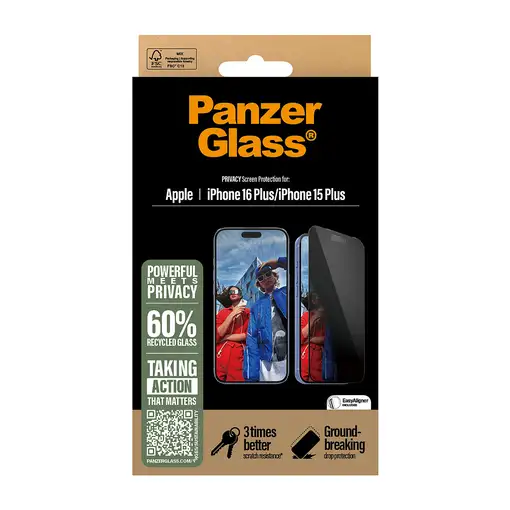 PanzerGlass ® Privacy Screen Protector iPhone 16 Plus | 15 Plus | Ultra-Wide Fit P