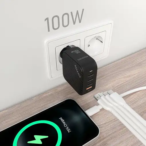AISENS Cargador GaN 100W, 3xUSB-C PD3.0 QC4.0, 1xUSB-A QC3.0, Negro