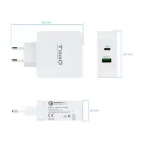 TooQ Cargador de Pared doble puerto USB-C PD + USB A QC3.0, 48W