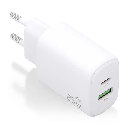 AISENS Cargador GaN 25W, 1xUSB-C PD3.0, 1xUSB-A QC3.0, Blanco