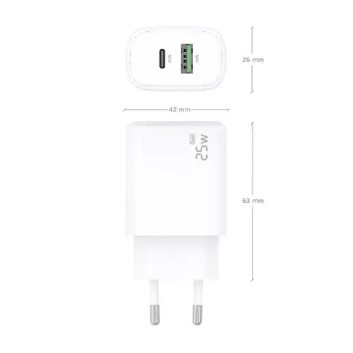 AISENS Cargador GaN 25W, 1xUSB-C PD3.0, 1xUSB-A QC3.0, Blanco