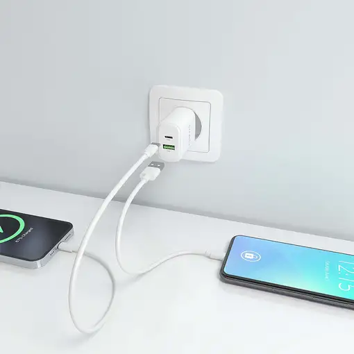 AISENS Cargador GaN 25W, 1xUSB-C PD3.0, 1xUSB-A QC3.0, Blanco
