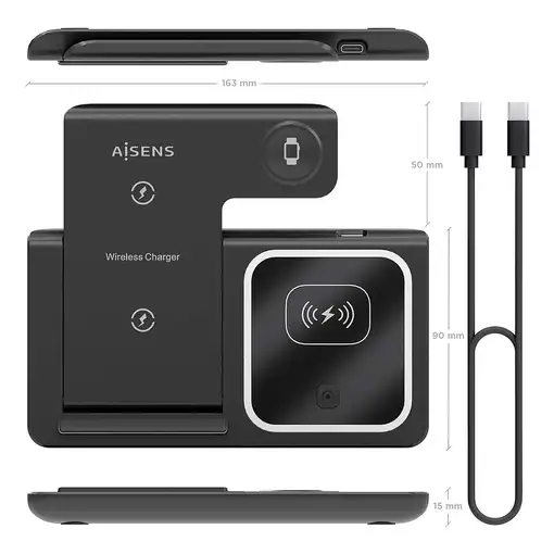 AISENS Cargador Inalambrico USB-C 3 En 1 De 15W Para Movil, Apple Watch, Ariculare