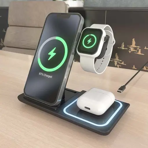 AISENS Cargador Inalambrico USB-C 3 En 1 De 15W Para Movil, Apple Watch, Ariculare