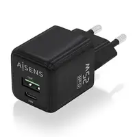 AISENS Cargador GaN 25W, 1xUSB-C PD3.0 QC4.0, 1xUSB-A QC3.0, Negro