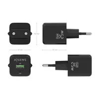 AISENS Cargador GaN 25W, 1xUSB-C PD3.0 QC4.0, 1xUSB-A QC3.0, Negro