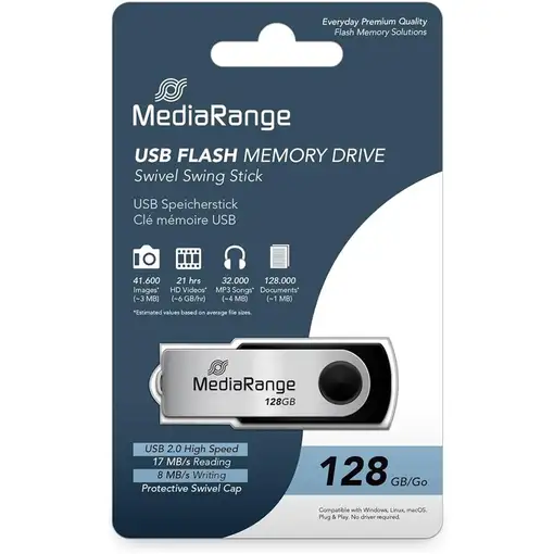MediaRange MR913 unidad flash USB 128 GB USB tipo A 2.0 Negro, Plata