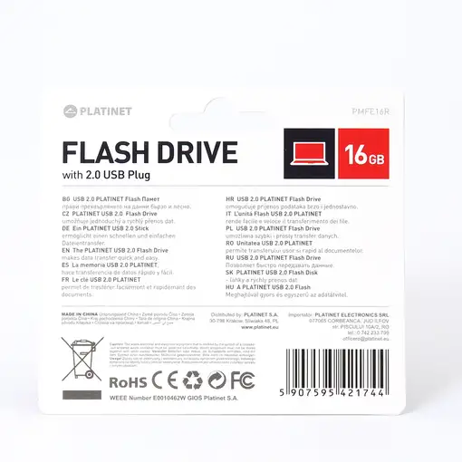 Platinet PMFE16R unidad flash USB 16 GB USB tipo A 2.0 Rojo
