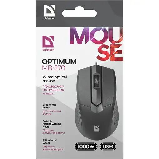 Defender Optimum MB-270 ratón Oficina mano derecha USB tipo A Óptico 1000 DPI