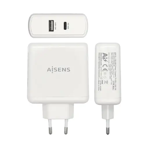 AISENS Cargador 57 W, 1x USB-C PD3.0 45 W, 1x USB-A 5 V / 2.4 A 12 W, Blanco