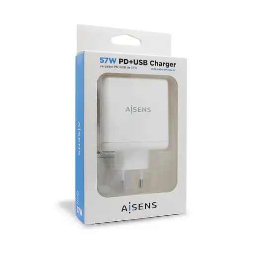 AISENS Cargador 57 W, 1x USB-C PD3.0 45 W, 1x USB-A 5 V / 2.4 A 12 W, Blanco