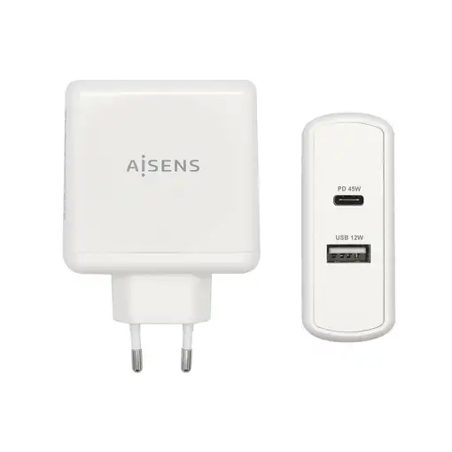 AISENS Cargador 57 W, 1x USB-C PD3.0 45 W, 1x USB-A 5 V / 2.4 A 12 W, Blanco