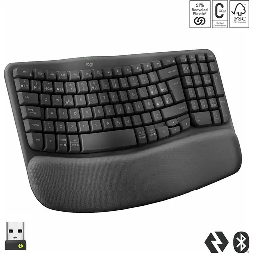Logitech Wave Keys, teclado ergonómico inalámbrico con reposamanos acolchado, escr