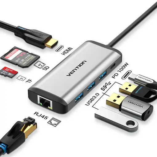 Vention Docking USB Tipo-C CNDHB/ 1xHDMI/ 3xUSB/ 1xUSB Tipo-C PD/ 1xRJ45/ 1xLector