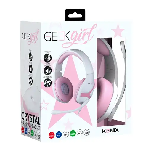 Konix Geek Girl Crystal Auriculares Alámbrico Diadema Juego Rosa, Blanco