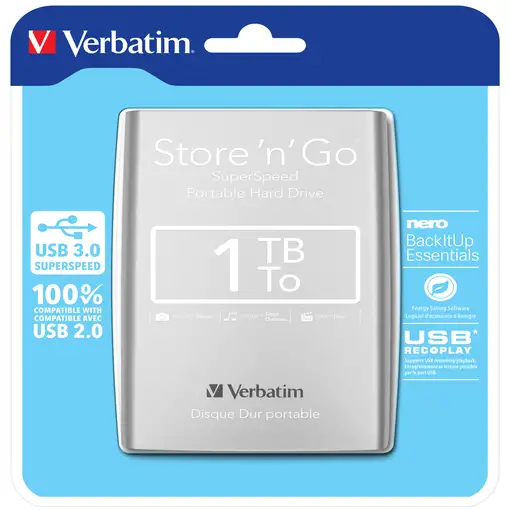 Verbatim Disco Duro Portátil Store 'n' Go USB 3.0 de 1 TB en color Plateado